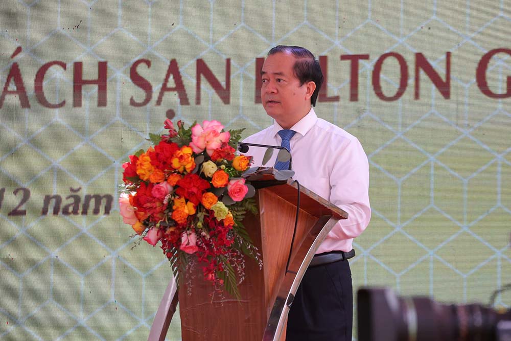 Pho Chu tich UBND tinh Tay Ninh Nguyen Hong Thanh phat bieu tai le khoi cong Du an Khu phuc hop khach san Hilton Garden INN tai phuong Tan Ninh. Anh: Anh Huy