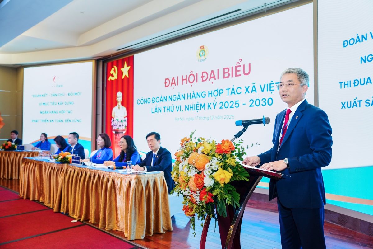 Ong Nguyen Quoc Cuong - Bi thu Dang uy, Chu tich Hoi dong quan tri Co-opBank phat bieu tai Dai hoi. Anh: Cong doan Co-opBank 