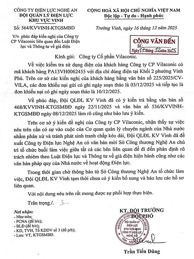 Van ban cua Doi Quan ly Dien luc khu vuc Vinh phan hoi kien nghi cua Cong ty CP Vilaconic. Anh: Quang Dai