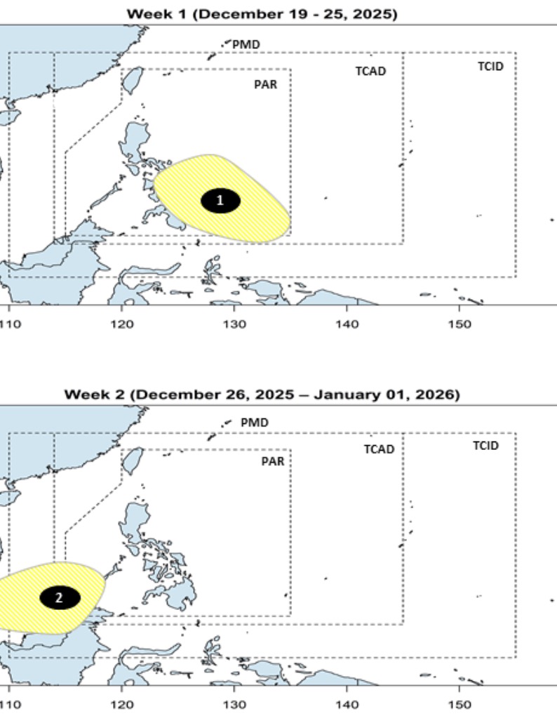 Du bao 2 ap thap quanh Bien Dong se xuat hien trong nhung ngay cuoi cung cua thang 12.2025. Anh: PAGASA 