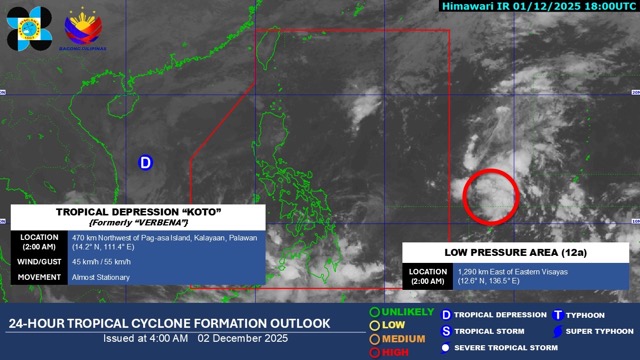 El tifon numero 15 Koto se ha debilitado hasta convertirse en una depresion tropical mientras que una nueva depresion formada (derecha) es muy probable que se fortalezca en las proximas 24 horas. Foto: PAGASA
