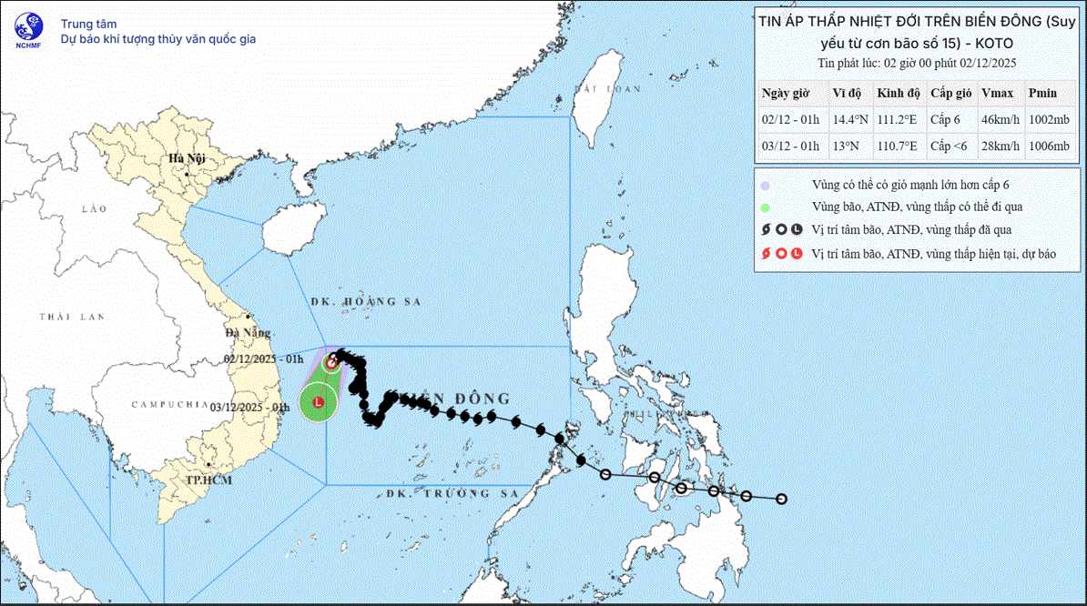 On December 2, storm No. 15 weakened into a tropical depression in the East Sea. Photo: Vietnam National Center for Hydro-Meteorological Forecasting