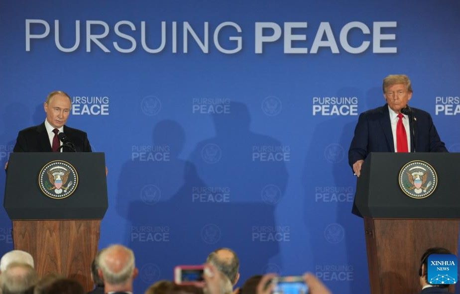 US President Donald Trump (right) and Russian President Vladimir Putin hold a joint press conference after the end of talks in Alaska, US, on August 15, 2025. Photo: Xinhua