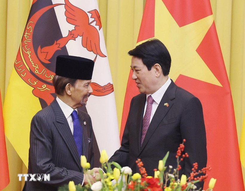 Chu tich nuoc Luong Cuong va Quoc vuong Brunei Darussalam Haji Hassanal Bolkiah chup anh chung truoc hoi dam. Anh: TTXVN