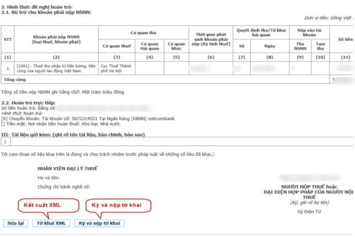 Chon to khai XML de ket xuat giay de nghi hoan ra dinh dang xml.