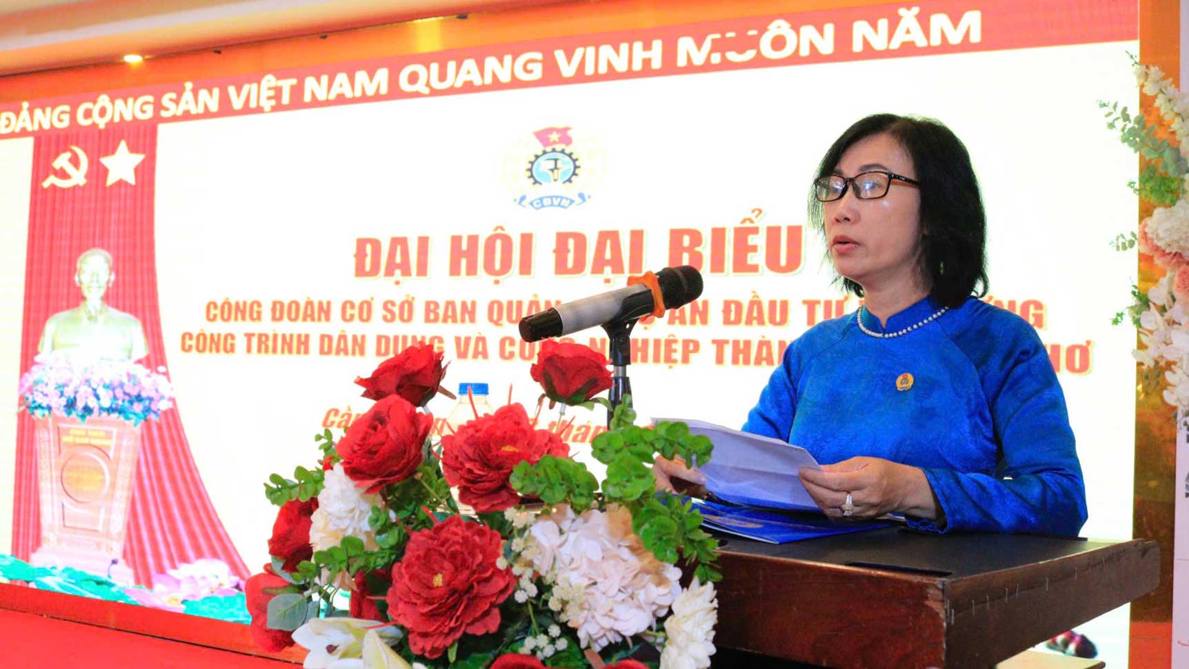 Ba Tran Ngoc My - Pho Chu tich LDLD TP Can Tho, Chanh Van phong Uy ban Mat tran to quoc Viet Nam TP - phat bieu tai dai hoi. Anh: Phuong Thao