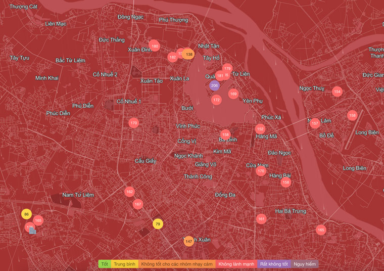 Chi so o nhiem tai Ha Noi luc 7h15 sang nay (2.12). Anh: IQAir