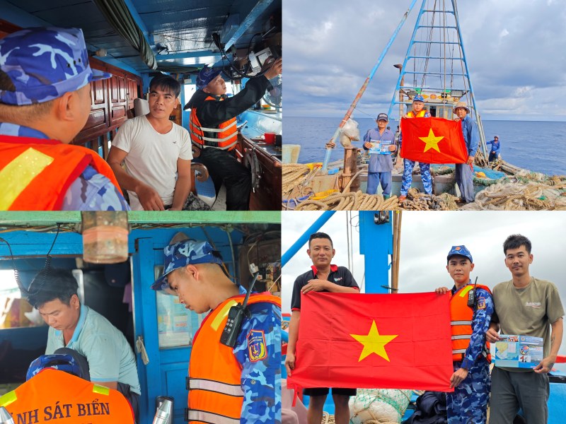 Luc luong Tau CSB 4038 (BTL Vung Canh sat bien 2, Canh sat bien Viet Nam tuyen truyen phap luat, phat to roi va tang co To quoc cho ba con ngu dan. Anh: Tuan Anh