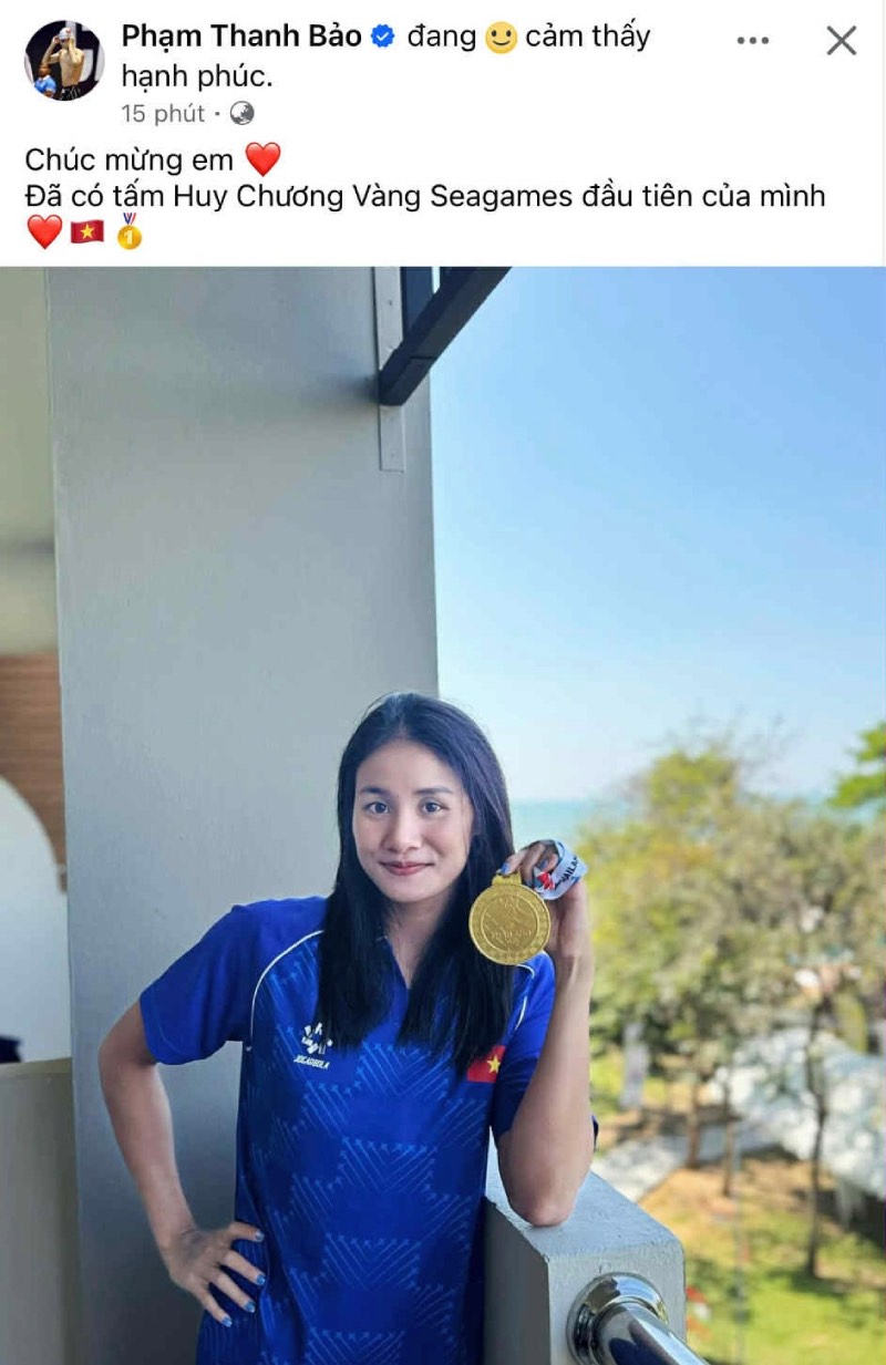 Thanh Bao dang bai chuc mung My Tien sau khi gianh huy chuong vang dau tien. Anh: Chup tu trang ca nhan