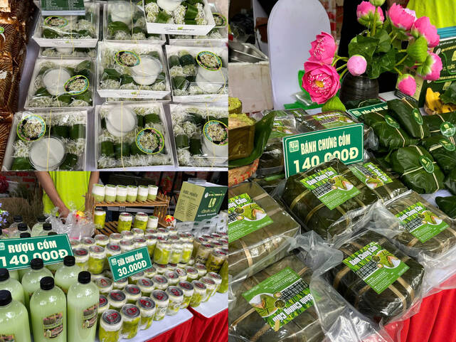 Gian hang dac san com voi banh chung com, sua chua com, ruou com mang den khong gian am thuc xanh mat, dam huong vi lang nghe truyen thong. Anh: Ngoc Mai 