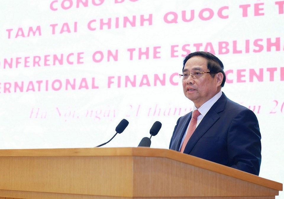 Politburo member and Prime Minister Pham Minh Chinh spoke at the conference to announce the establishment of the International Financial Center. Photo: VNA