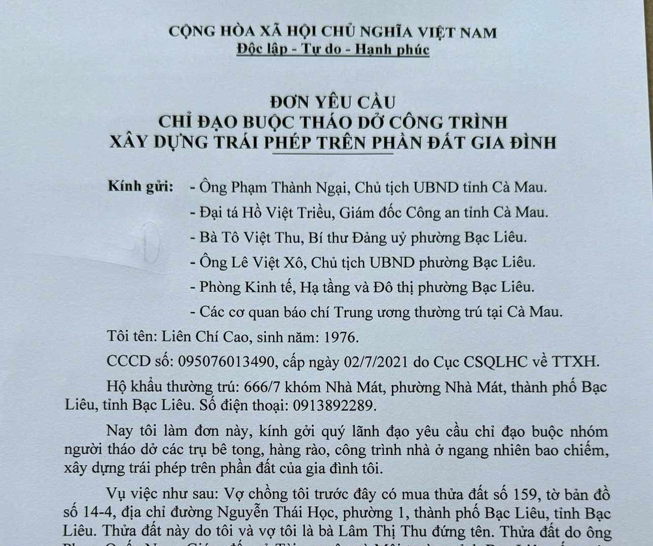 BI nguoi khac xay nha tren dat cua minh, ong Lien Chi Cao khieu nai nhieu noi. Anh: Nhat Ho