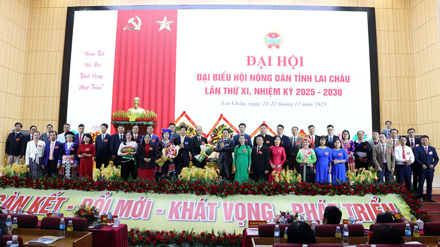 Ban Chap hanh Hoi Nong dan tinh Lai Chau khoa XI, nhiem ky 2025-2030 ra mat Dai hoi. Anh: UBND tinh Lai Chau