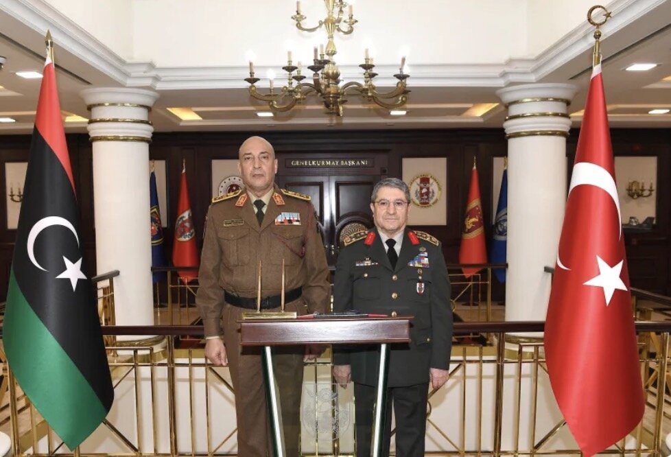 Turkish Chief of Staff Selcuk Bayraktaroglu and his Libya counterpart Mohammed Ali Ahmed al-Haddad (left) in Ankara, Turkey, on December 23, 2025. Photo: Turkish Ministry of Defense