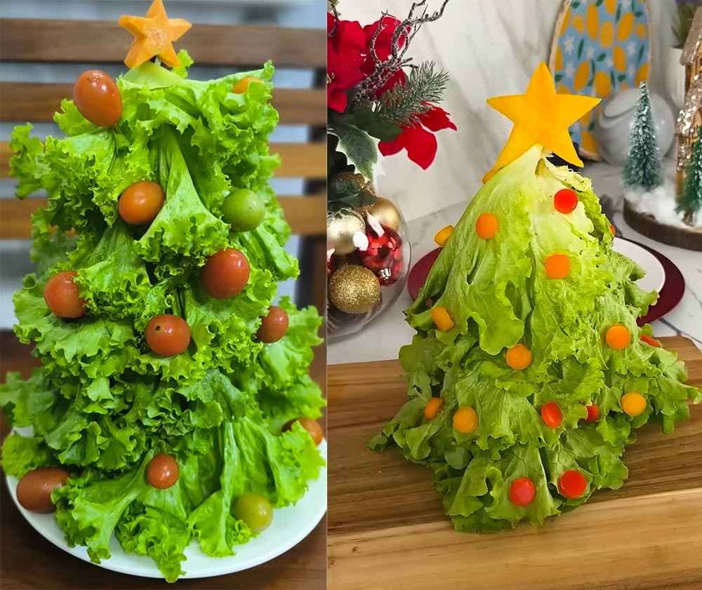 Cay thong Noel tu xa lach va ca chua bi. Anh cat tu video