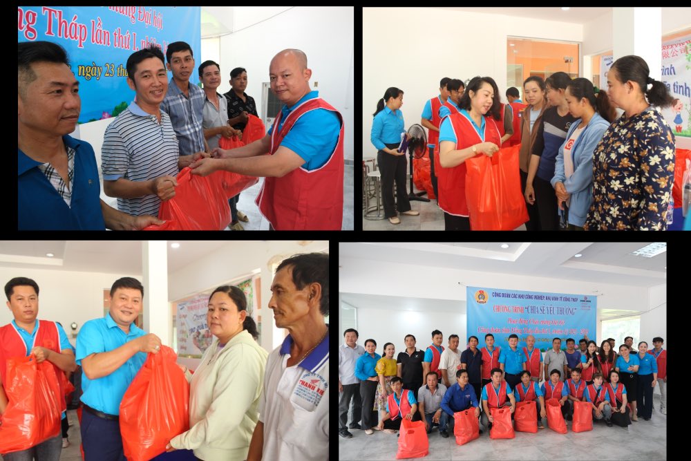 Los trabajadores felices reciben regalos para celebrar el Congreso Sindical Provincial de Dong Thap