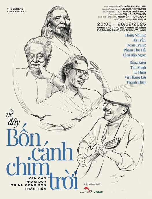 Poster “Ve day bon canh chim troi“. Chuong trinh du kien dien ra o Cung the thao dien kinh My Dinh, Ha Noi, voi gia ve dao dong tu 600 nghin den bay trieu dong. Anh: Ngoc Viet show