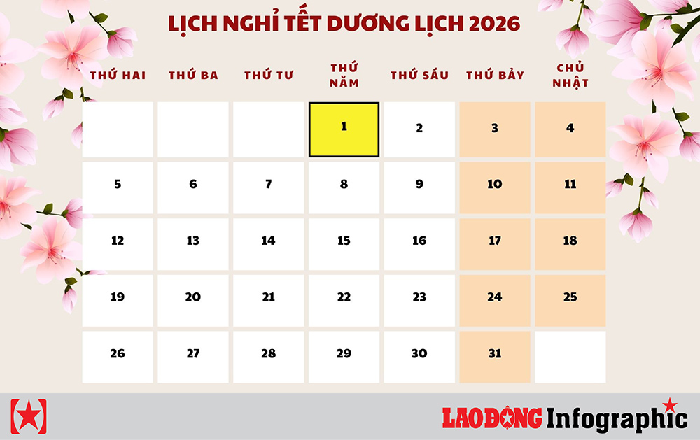 Tet Duong lich nam 2026 roi vao ngay thu Nam. Do hoa: Dan Thanh