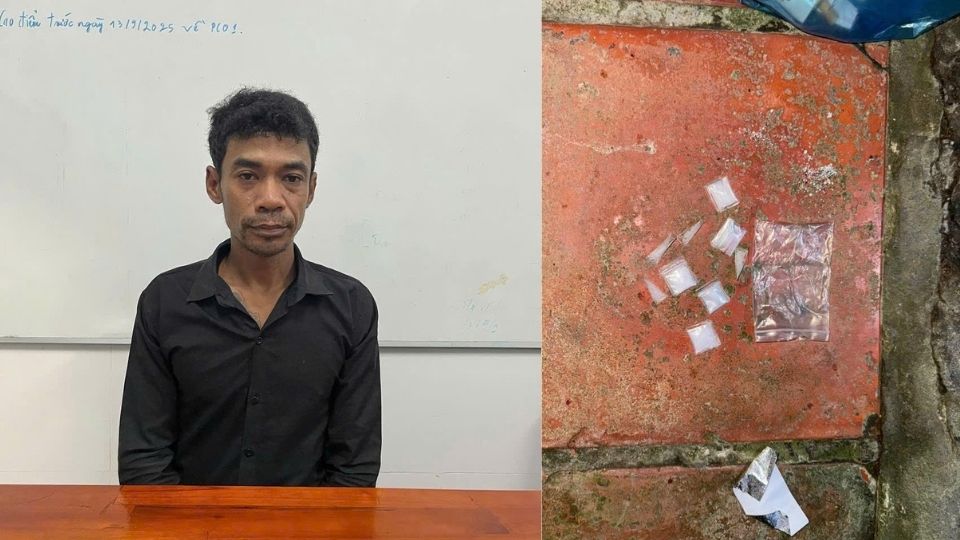 Lam Thuan and the drugs seized when being checked and caught red-handed by My Thuan Commune Police. Photo: Provided by the police