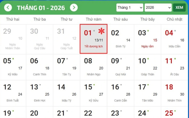 Lich nghi Tet Duong lich nam 2026 vao thu Nam tuan toi, nguyen tac chi nghi 1 ngay. Tuy nhien, Bo Noi vu dang de xuat phuong an hoan doi de nghi Tet Duong lich 2026 lien tiep 4 ngay. Anh chup man hinh 