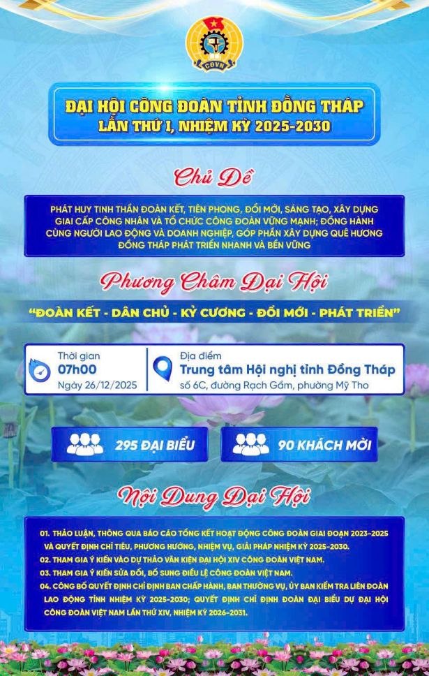 Tom tat chuong trinh, noi dung Dai hoi Cong doan tinh Dong Thap lan thu I, nhiem ky 2025-2030. Anh: Ban to chuc cung cap