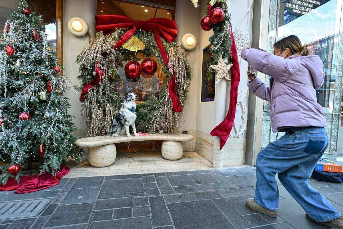 Mot nguoi phu nu chup anh chu cho cua minh cung voi nhung do trang tri Giang sinh tai trung tam mua sam Taikoo Li o Bac Kinh, Trung Quoc ngay 24.12.2025. Anh: AFP 