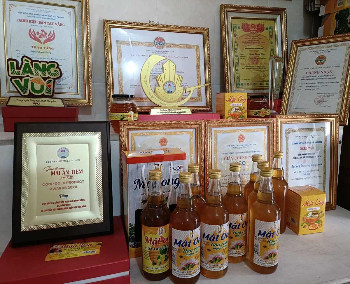Cac san pham mat ong dat chung nhan OCOP 4 sao cua hop tac xa. Ảnh: Mai Dung