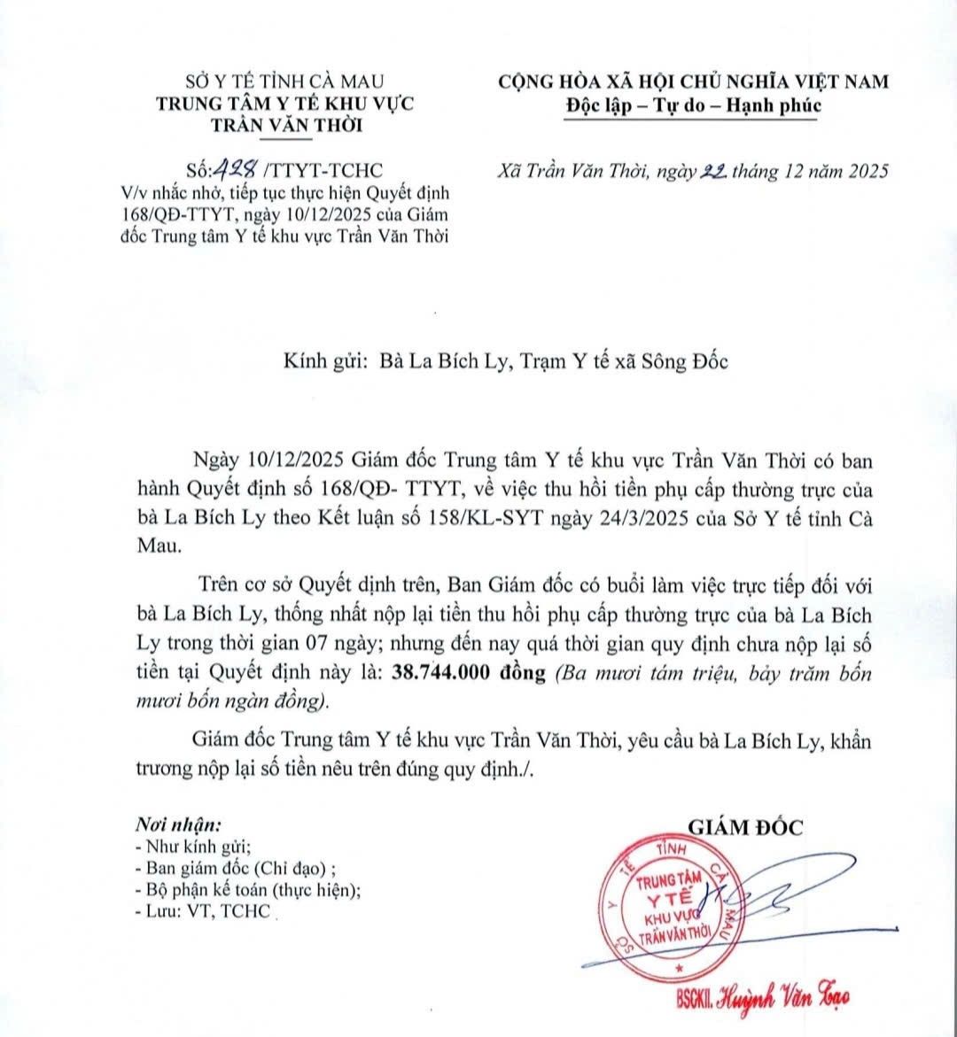 Thong bao den ba Ly Nguyen Giam doc Phong kham Da khoa khu vuc Song Doc, Ca Mau khac phuc hau qua vi pham. Anh: Nhat Ho