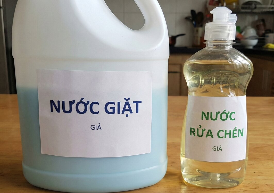 Khởi tố đối tượng dán tem nhãn giả các thương hiệu nước giặt. Ảnh: AI