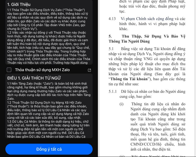 Thoa thuan cua Zalo chi cho “Dong y tat ca” chu khong co tuy chon dong y mot phan noi dung. Anh: Tri Minh