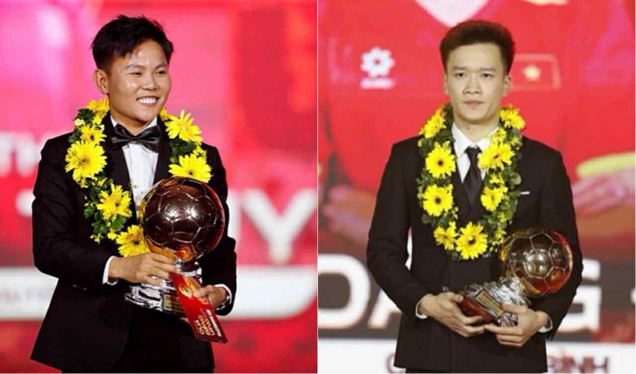 Midfielders Bich Thuy and Hoang Duc win the Vietnamese Golden Ball 2025. Photo: Thanh Vu