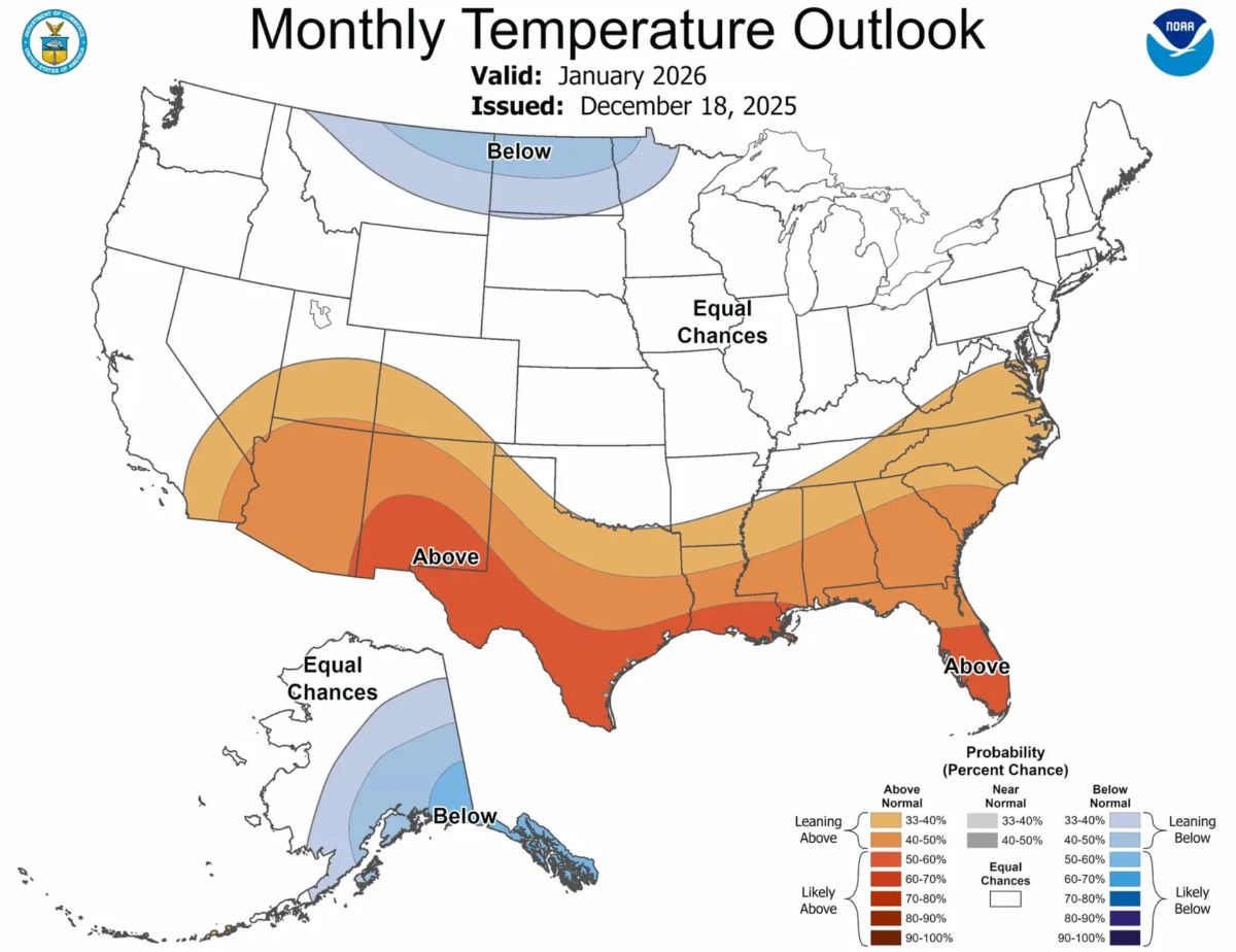 Weather forecast for January 2026 in the US. Photo: NOAA