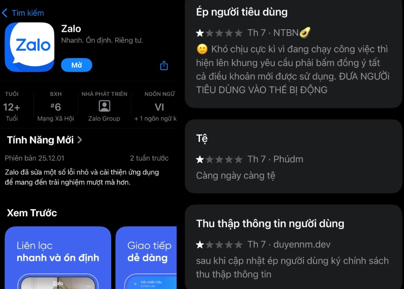 Zalo received a series of 1-star reviews after the move to update service terms. Photo: Tri Minh