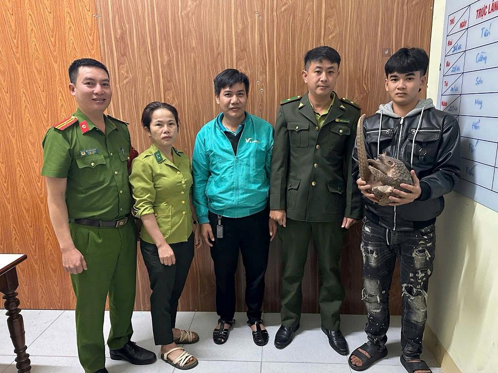 꽝응아이에서 기능 기관에 인도된 천산갑 개체. 사진: 꼰동 공안