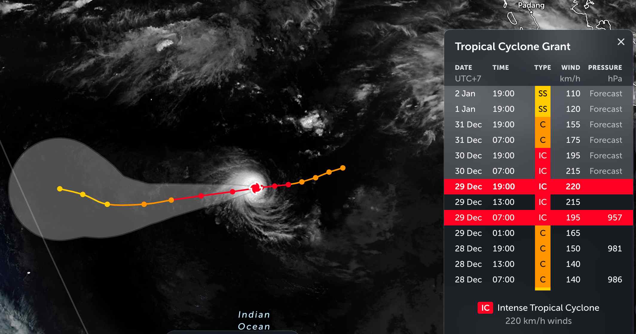 Cap nhat huong di cua sieu bao Grant tren An Do Duong. Anh: JTWC