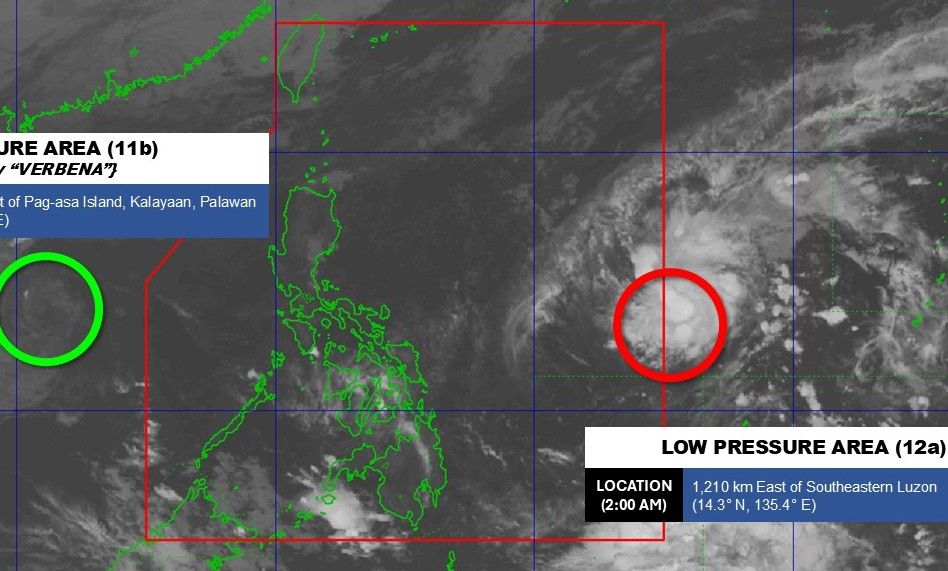 Low pressure 12a (right) is forecast to strengthen into a storm, enter the East Sea, becoming storm No. 16. Photo: PAGASA