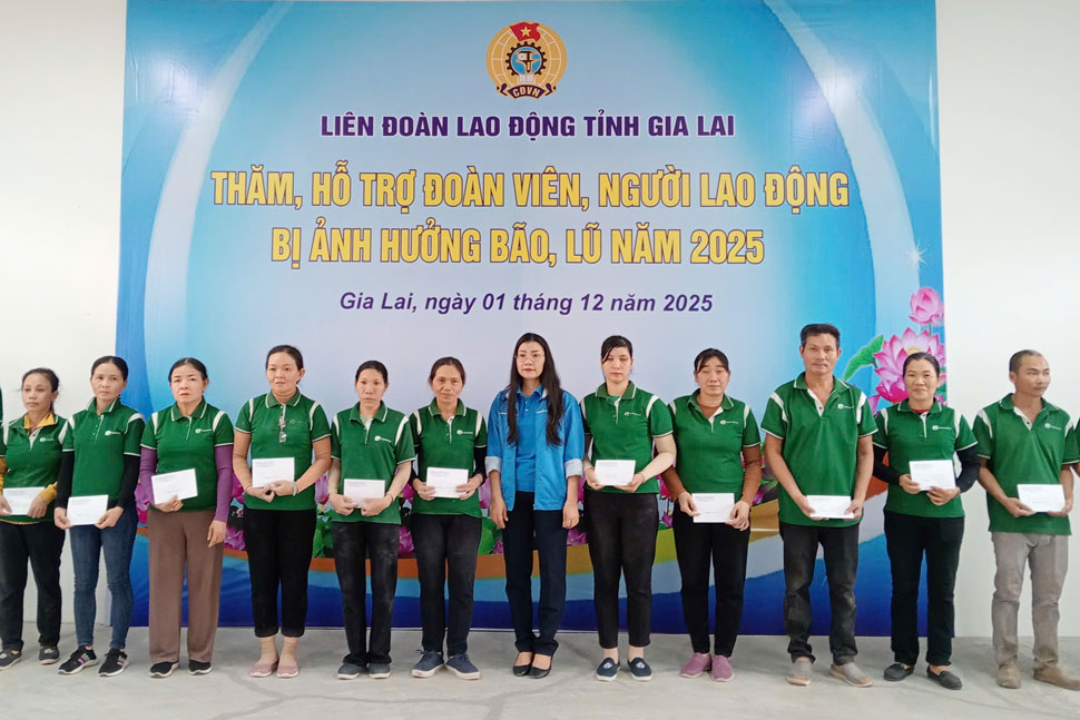 Ba Nguyen Thi Thanh Thuy trao ho tro cho nguoi lao dong tai Cong ty TNHH Greewind. Anh: Hoai Phuong