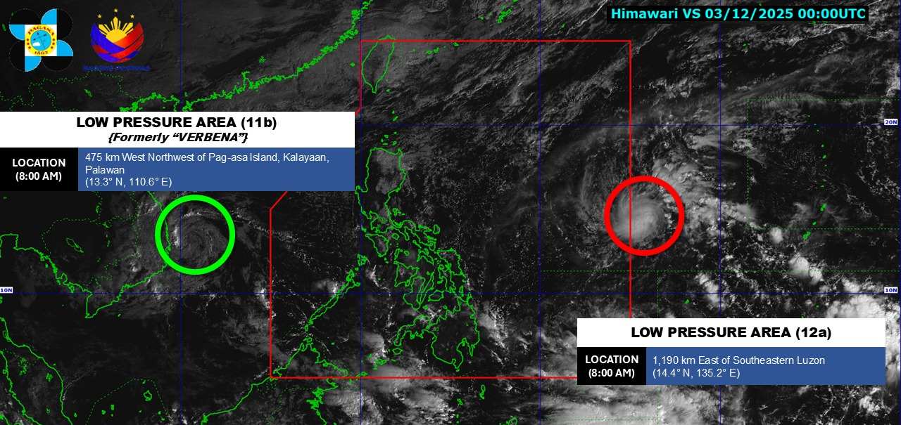 Cap nhat vi tri cua ap thap nhiet doi tren Bien Dong va ap thap gan Bien Dong. Anh: PAGASA