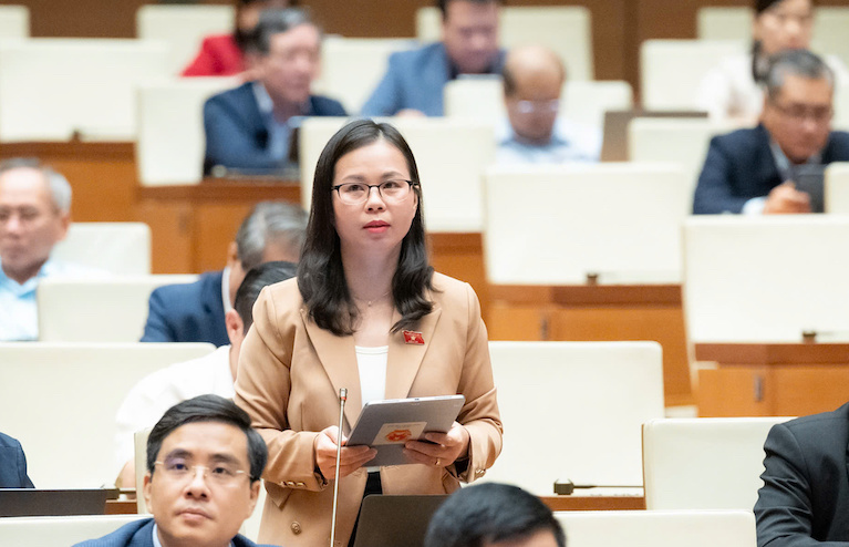 Dai bieu Chu Thi Hong Thai chi ra nghich ly, Nha nuoc mien hoc phi, nhung tong chi phi giao duc tang len thong qua cac khoan xa hoi hoa, tien tai tro,... Anh: Quochoi.vn