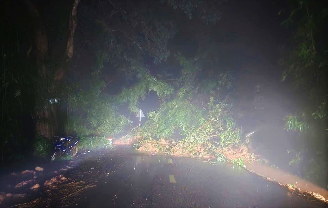 Khoi luong lon dat, da sat lo tran xuong duong tai Km51 Quoc lo 28 qua deo Gia Bac. Anh: Phuc Khanh