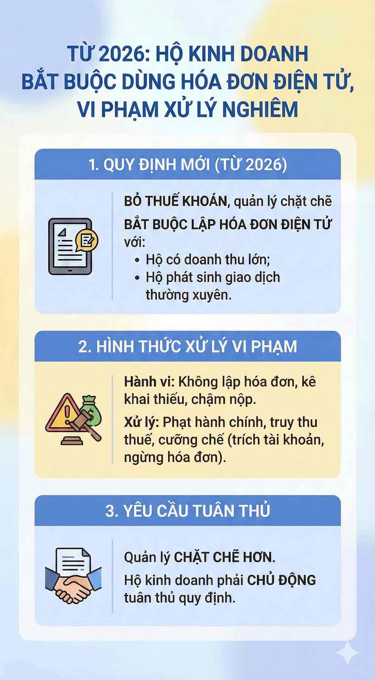 Tu 2026, ho kinh doanh bat buoc su dung hoa don dien tu; vi pham co the bi xu phat, truy thu va ap dung bien phap cuong che theo quy dinh. Do hoa: Song Anh 