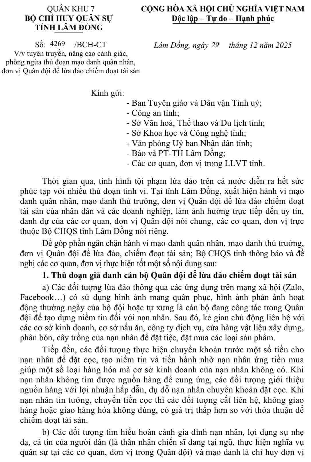 Bộ Chỉ huy Quân sự tỉnh Lâm Đồng phát cảnh báo thủ đoạn lợi dụng tuyển quân để lừa đảo chiếm đoạt tài sản. Ảnh: Phúc Khánh 
