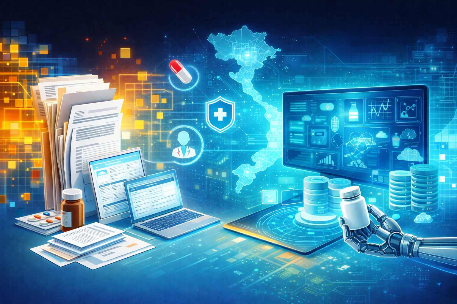의약품 및 화장품 관리 효율성을 높이기 위한 포괄적인 디지털 전환. 사진 AI