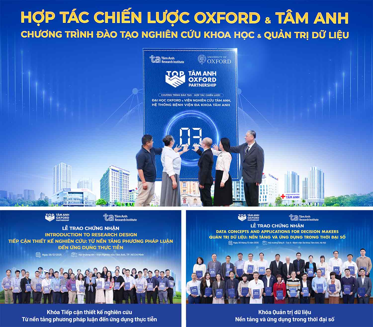 Cac chuyen gia Oxford - Tam Anh cung thuc hien nghi thuc khai mac “Tuan le dao tao chuyen sau phoi hop giua Vien Nghien cuu Tam Anh & Dai hoc Oxford” va gan 100 hoc vien dau tien nhan chung nhan chuan Oxford - Tam Anh ve khoa dao tao Thiet ke nghien cuu va Quan tri du lieu. Anh: Vien Nghien cuu Tam Anh