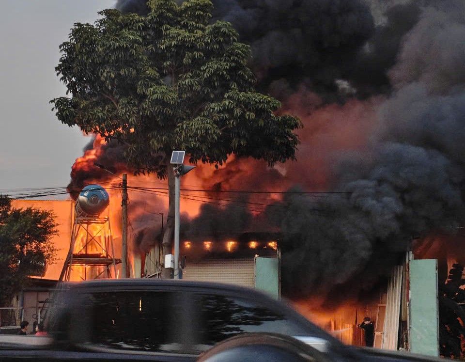 호치민시 빈즈엉동 폐기물 창고에서 화재 발생. 사진: 독자 제공