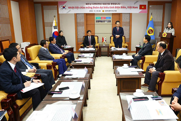 Standing Vice Chairman of Dien Bien Provincial People's Committee Lo Van Cuong works with leaders of Gangwon province (Korea). Photo: Thanh Binh