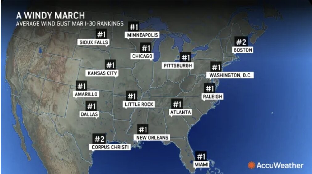 Ban do cac thanh pho tai My lap ky luc ve thang 3 nhieu gio nhat lich su. Nguon: AccuWeather.