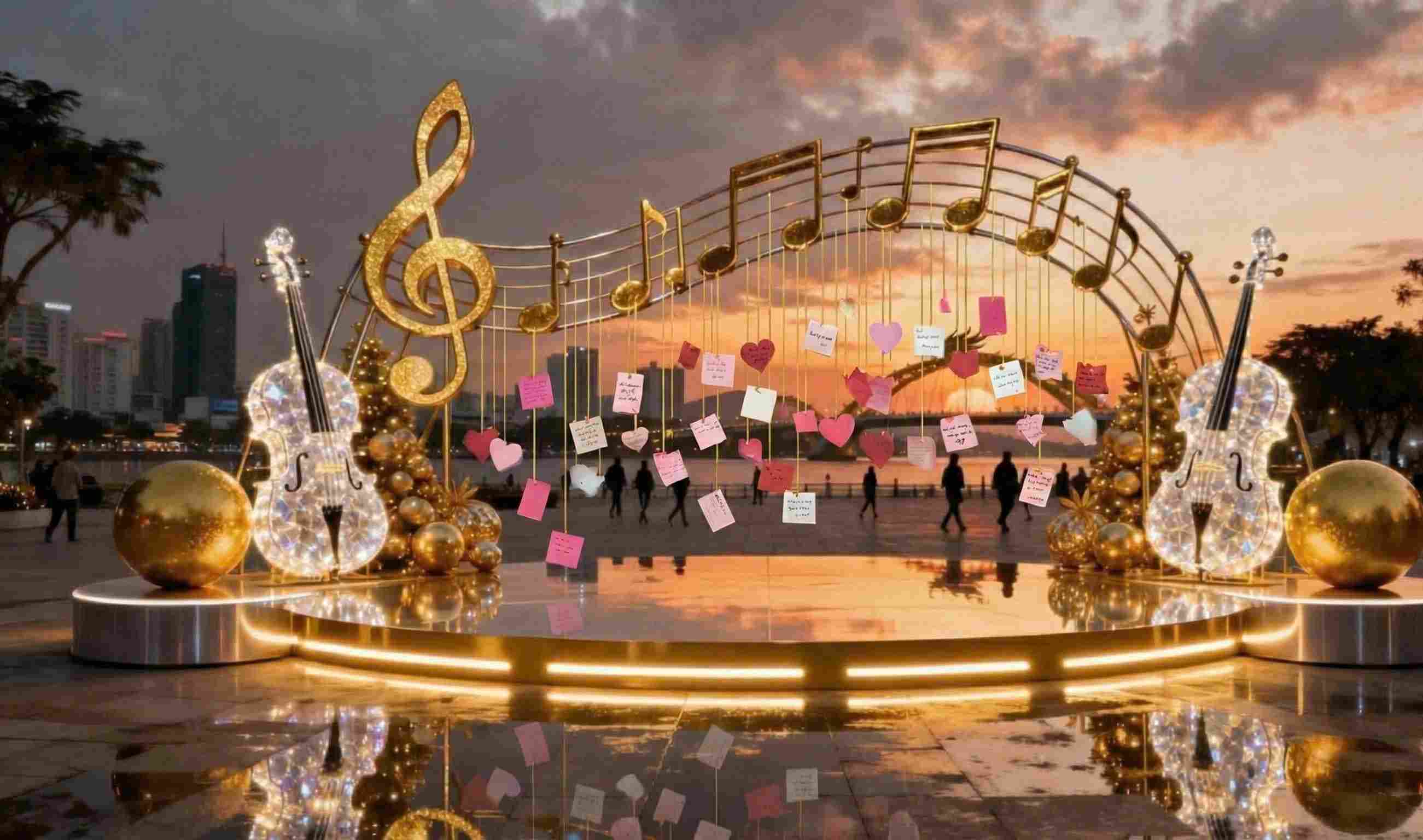 다낭 박당 보행자 거리에서 2026년 새해 축하 메시지가 걸린 음악 세트. 사진: 응우옌 롱