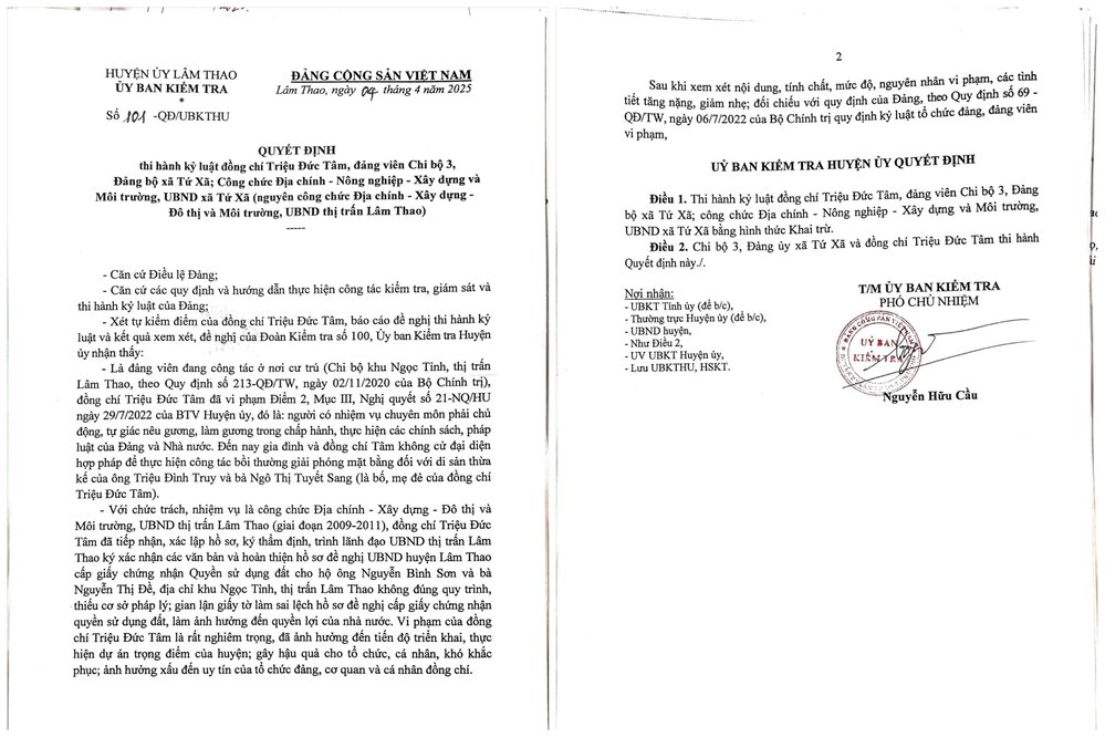 Quyết định kỷ luật Đảng của UBKTHU Lâm Thao đối với ông Triệu Đức Tâm. Ảnh: NVCC.