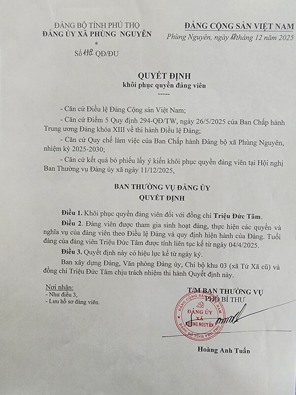 Trước đó, ngày 18.12.2025, Ban Thường vụ Đảng ủy xã Phùng Nguyên đã có quyết định số 178/QĐ-ĐU về việc khôi phục quyền đảng viên với ông Triệu Đức Tâm.